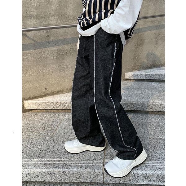 

men's jeans 2021 spring and autumn youth korean version of loose design striped fashion casual straight pants black -xl, Blue