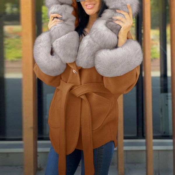 

women's wool & blends short woolen women coat overcoat winter loose lapel casual thick belt button color block for fashion, Black