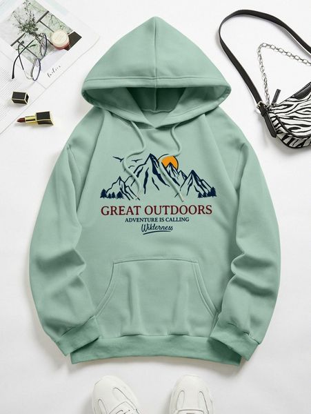 

mountain & slogan graphic drawstring thermal lined hoodie n9uh#, White;black