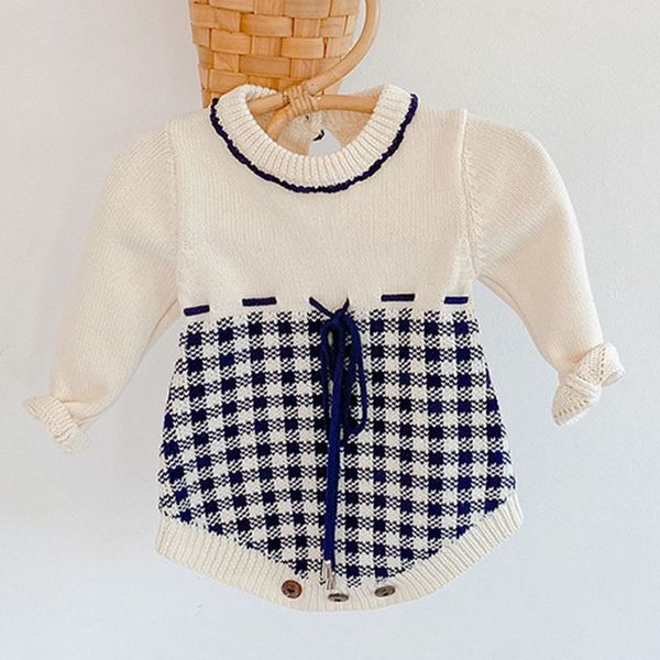 

infant baby girls grid knit rompers clothing autumn winter kids girl long sleeve clothes 0-2yrs 210429, Blue