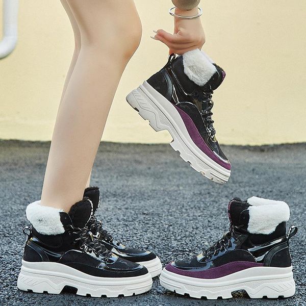 

boots genuinne leather sneakers women winter warm shoes ankle lamb fur snow platform for 2021 black boot lady