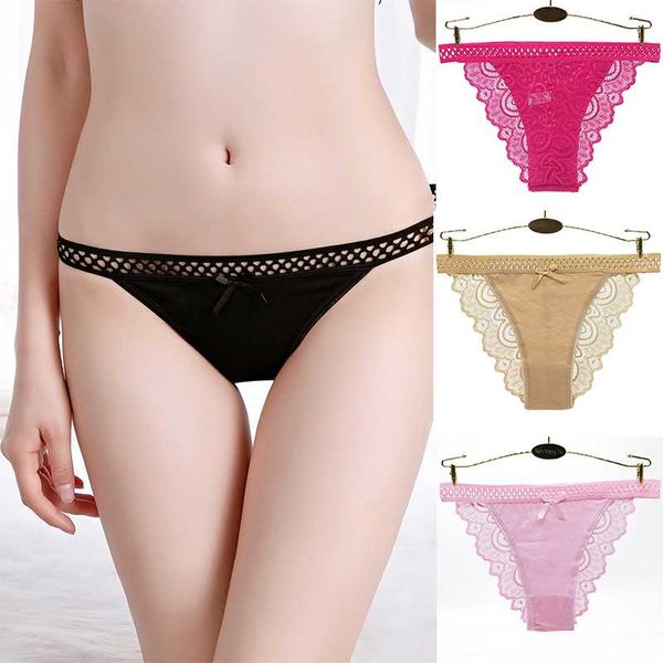 

women's panties 3pcs/lot s thong floral lace pantie hollow seamless waist design lingerie cotton underwear, Black;pink