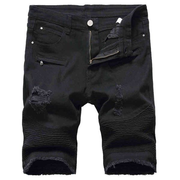 

men's jeans arrivals mens designer biker pleated ripped jean shorts five-point stretch straight motorcycle holes pants us uk size 28-42, Blue