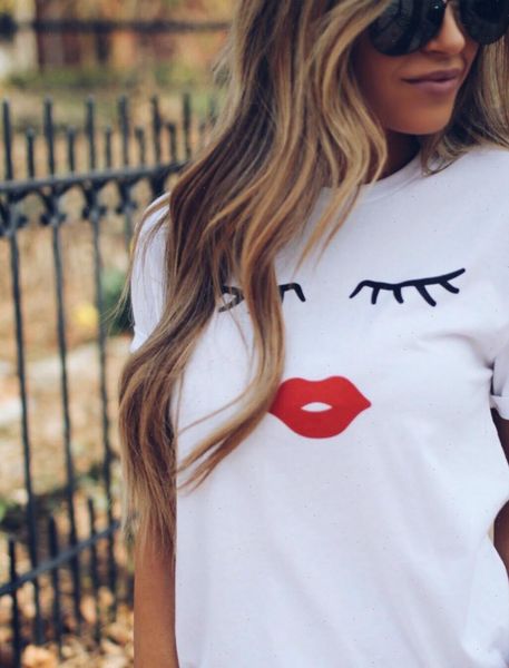 

short sleeve funny tee fashion women t shirt pretty and cute eye lashes red lips print summer casual, White