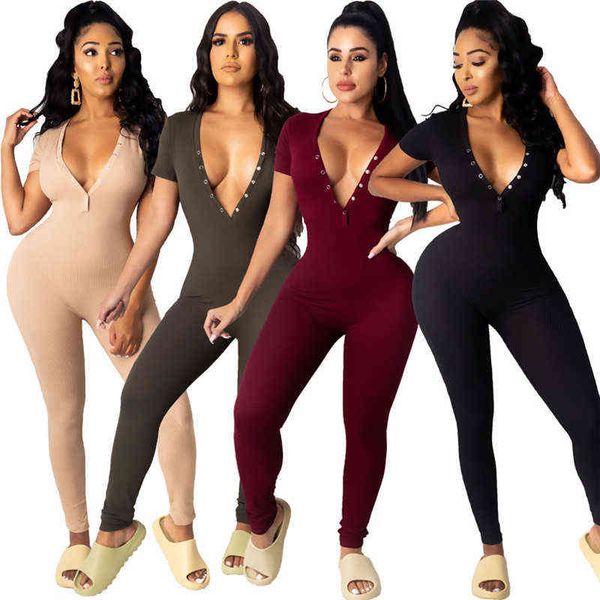 Mulheres Sólidos Jumpsuit Ribbed Grommet Sexy Profundo V Neck Manga Curta Slim Slim montado Moda Casual Outono Macacões 211116