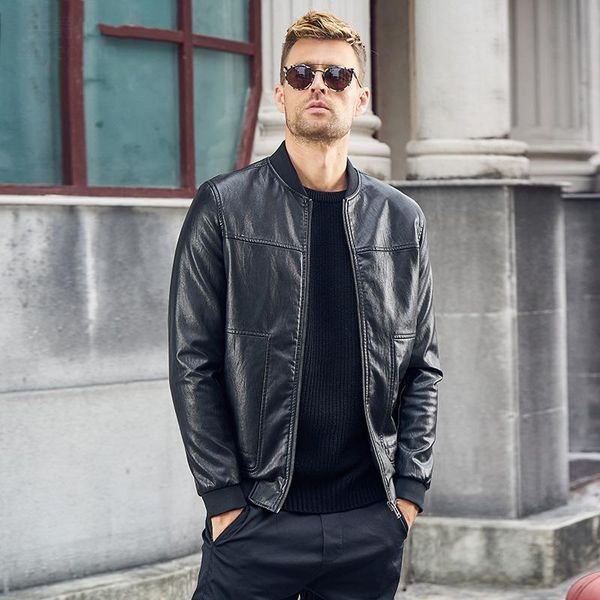 

men's fur & faux soft pu leather jacket men short slim fit motorcycle jackets male stand collar black coat lx2595