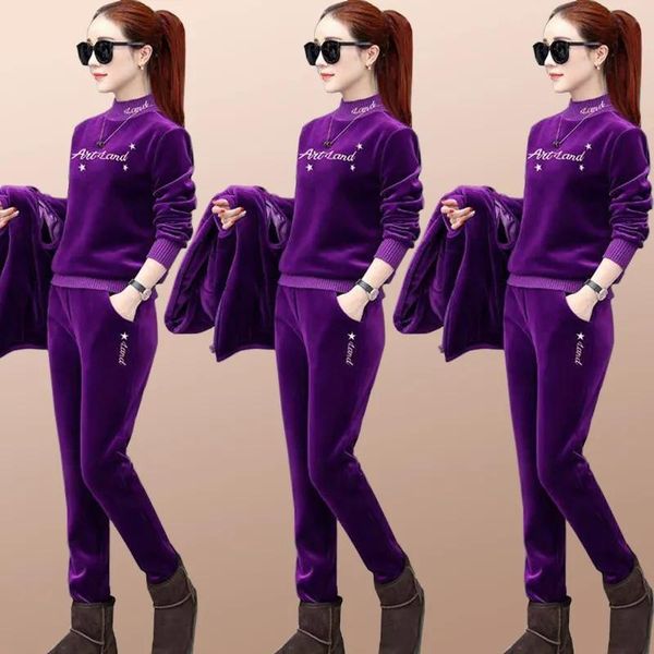 

women's two piece pants embroidery thicken fashion velvet tracksuit women winter half turtleneck warm pullover casual velour sweatsuit, White