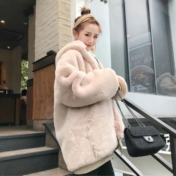 

women's fur & faux fashion casual coat women loose hooded thick warm mid-length imitation mink plush jacket winter street overcoat, Black