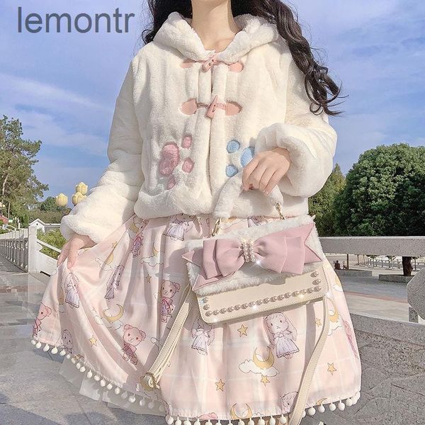 

women's fur & faux cute soft cartoon girl ear hooded leather jacket short japanese plush teddy bear coat lolita, Black