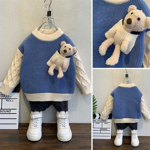 

3-12 years autumn winter toddler baby boys kids bear sweater children girls pullover clothes knitted sweaters 211201, Blue