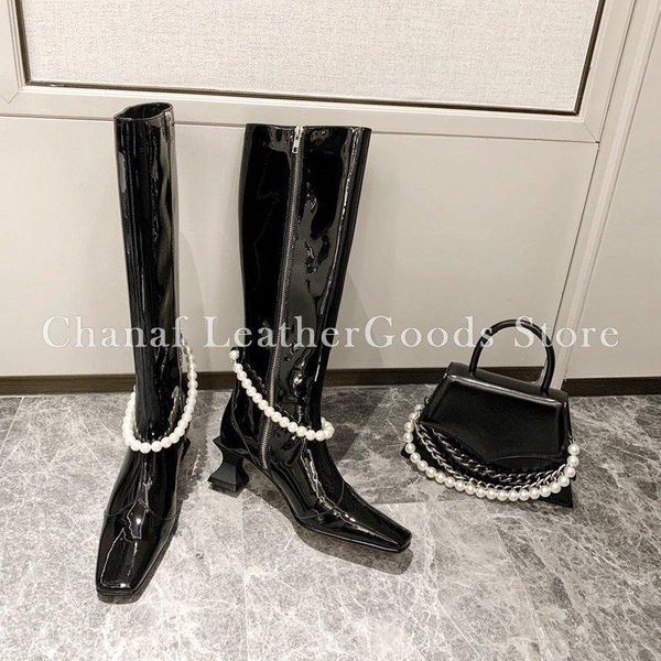 

boots fashion patent leather knee high boot women metal square toe chunky highs heel 5cm long winter party shoes designer, Black