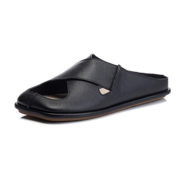 

slippers the first layer of cowhide leather sandals and women summer casual flat women's shoes breathable baotou, Black