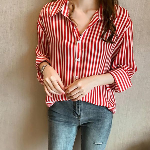 

arrival vintage striped print shirt style women lapel shirts loose casual single-breasted long sleeve blouse women's blouses &, White
