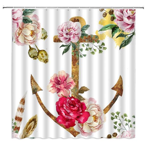 

flower anchor shower curtain,watercolor rose flower vintage anchor nautical flowers theme decor,fabric bathroom set with hook