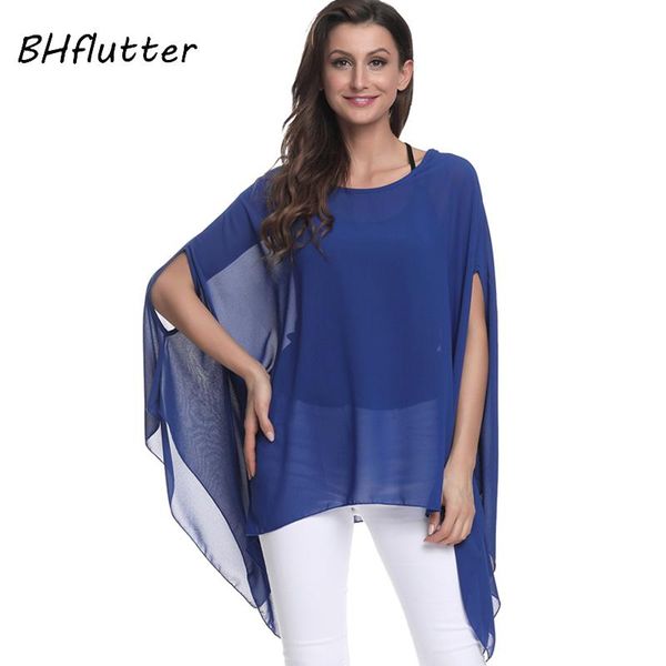 

bhflutter blusas mujer de moda 2021 blouse women shirt batwing sleeve casual summer tees solid chiffon blouses plus size women's & shi, White