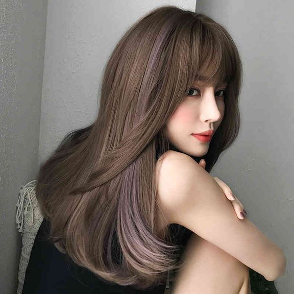 

long straight brown light pink highlights hair synthetic wig with bang for women latest spring autumn wigs, Black;brown