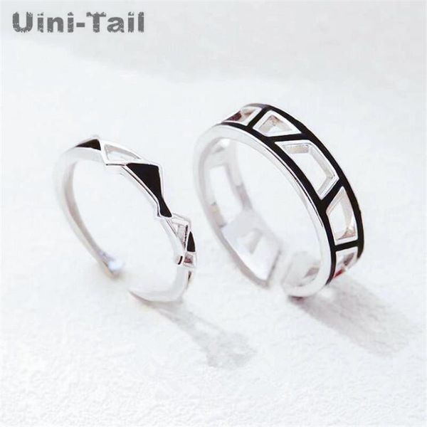 

cluster rings uini-tail 925 sterling silver fashion personality prismatic couple open ring simple black hollow corner jewelry, Golden;silver