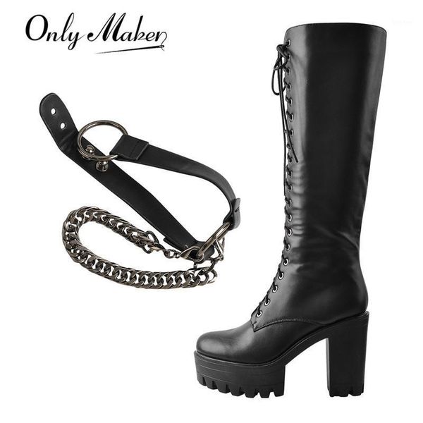 

boots onlymaker women's black matte platform front lace-up side zip knee high lady fashion classic big size long1