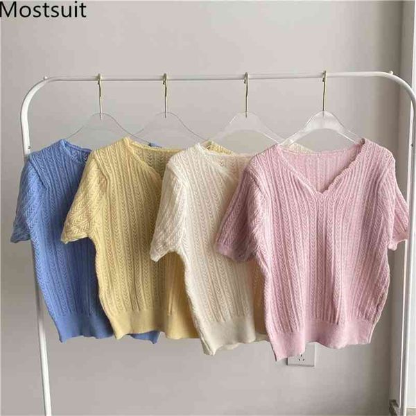 

hollow knitted pullover sweater women summer short sleeve v-neck solid loose korean sweet jumpers femme 210513, Black