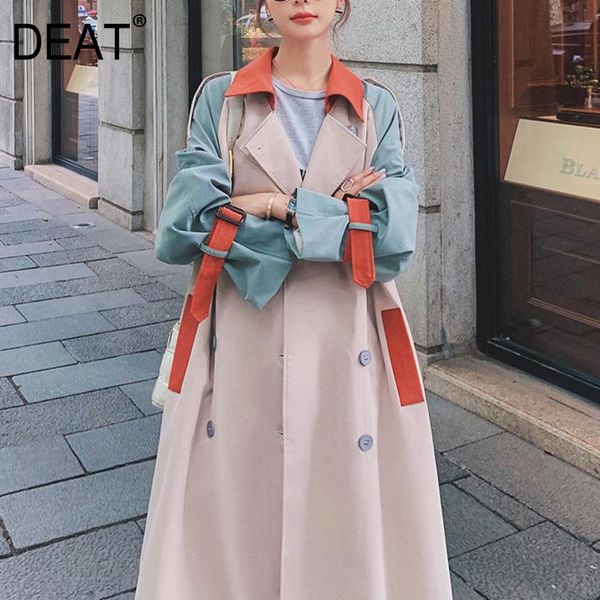 

women's trench coats [deat] 2021 coat lapel collar hit color tassel belt over size long length causal wild autumn fashion clothing am79, Tan;black