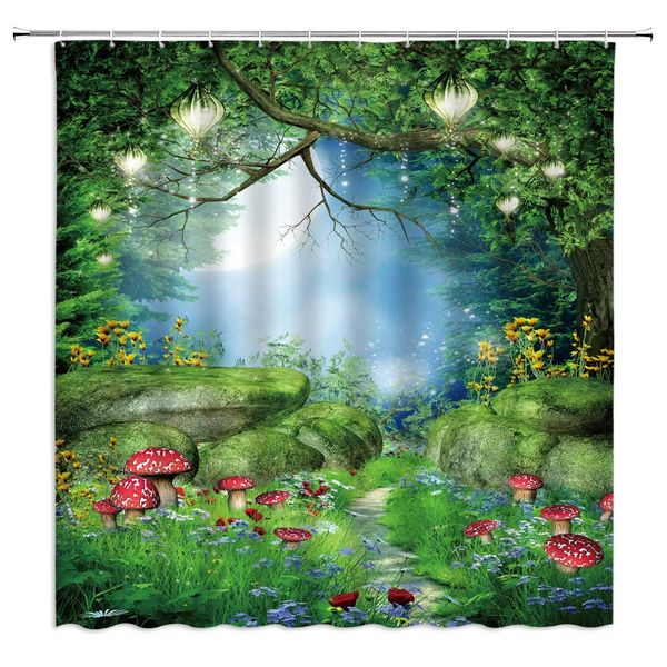 

fantasy fairy forest shower curtain sets red mushroom flower moon lantern colorful spring plant polyester fabric bathroom decor