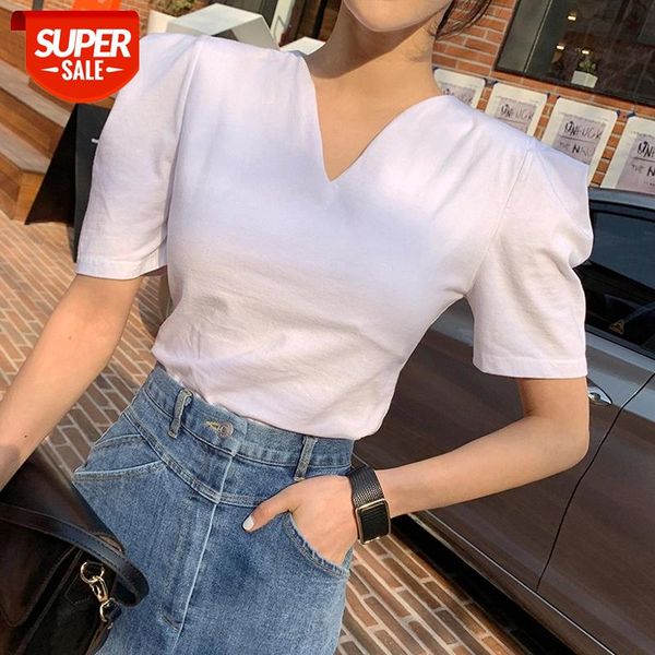 

aossviao basic cotton t shirt women summer new puff sleeve solid tees 7 color casual slim tshirt korean v neck female 2021 #3d8j, White