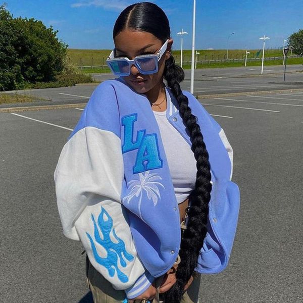 

women's jackets 2021 european and american letters embroidery coat street retro stitching baseball uniform loose top, Black;brown