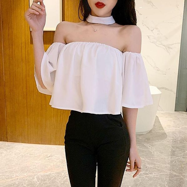 

women's t-shirt women off the shoulder t-shirts summer slim halter strapless, White