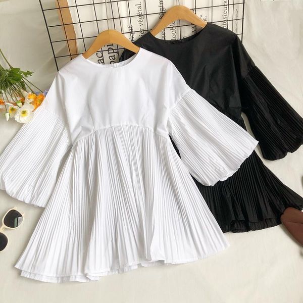

women's blouses & shirts fitaylor summer women sweet o-neck flared sleeve fashion high waist pleated pullover female loose solid color, White
