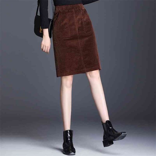 

corduroy pencil skirt large size female loose skirt elastic waist casual bottom retro wild color women's bag skirt 210325, Black