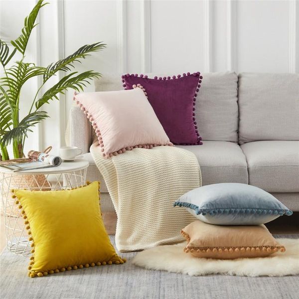 

pillow case solid velvet decorative pillows soft cushion cover with pompom ball sofa 45*45cm 30*50cm
