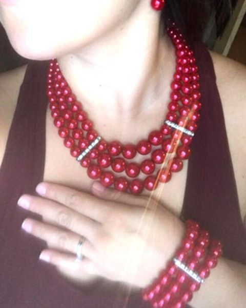 

earrings & necklace luxury cuba exaggerated multilayer imitation pearl set for women african beads shiny statement chain wedding jewelry, Silver