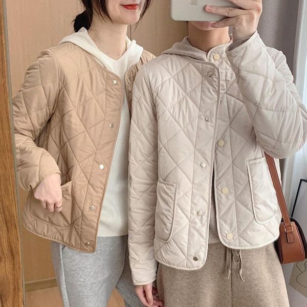 

women's jackets all-match rhombus collarless lightweight short jacket women loose 2021 spring cotton quilted, Black;brown