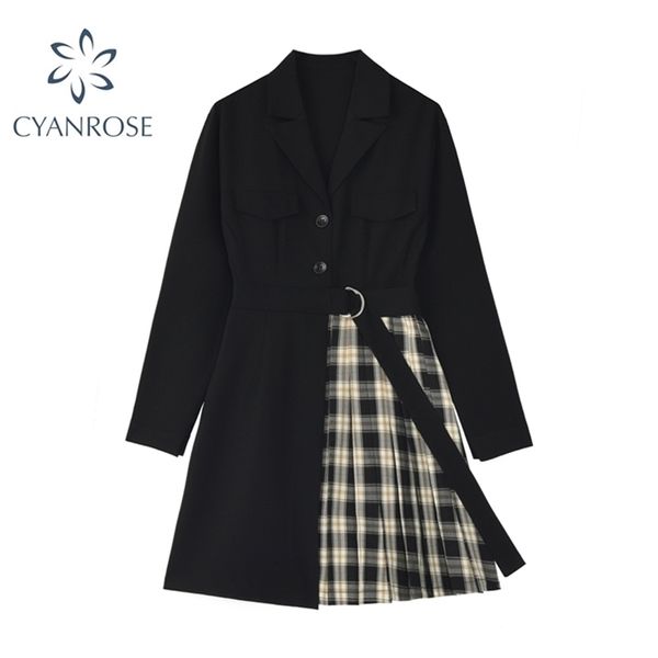

blazer dress women patchwork irregular korean autumn elegant fashion designer long sleeve casual sashes female mini 210515, Black;gray