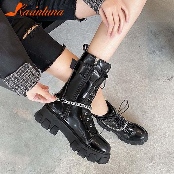 

boots karin wholesale fashion women shoes street chains tire sole bucke strpas round toe lace-up ankel suqare thick heels, Black