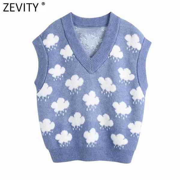 Zevity Mulheres Moda V Neck Nuvem Padrão De Tricô Sweater Feminino Sem Mangas Casuais Slim Colete Chic Lazer Tops S669 210805