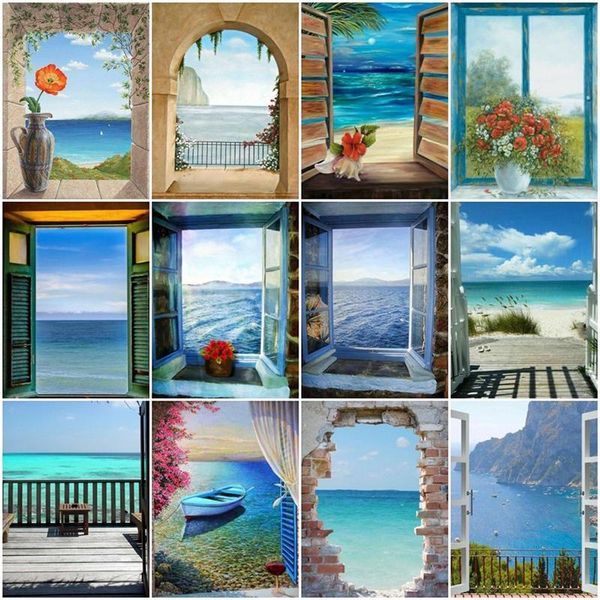 

diamond painting 5d diy landscape window full square rhinestones sea embroidery cross stitch mosaic home decor