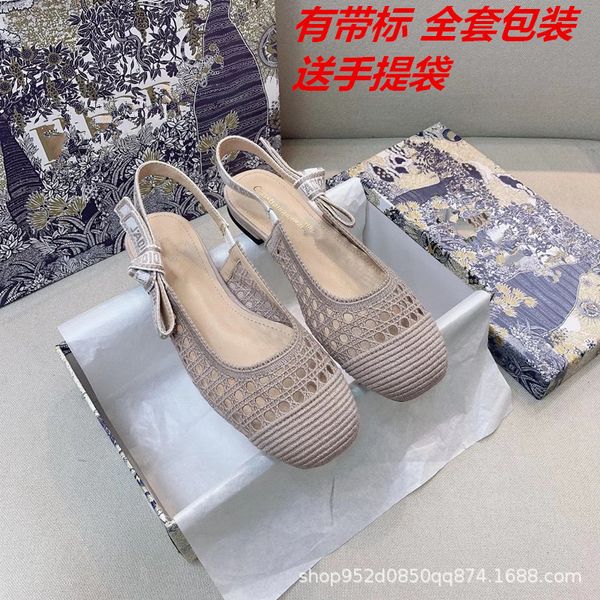 

2021 new summer d family flat sandals women's net face square head back tie bow letter hollow shoes v7mc zmm, Black