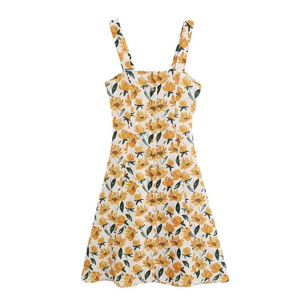 

women chic fashion floral print buttons mini dress vintage backless spaghetti strap dresses casual vestidos mujer 210520, Black;gray