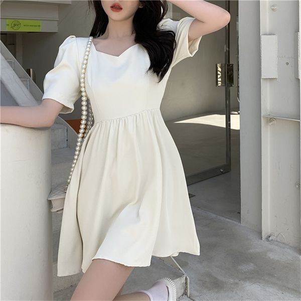 Sexy doce backless arco mini vestido verão coreano casual vintage menina manga sólida festa sólida 210519