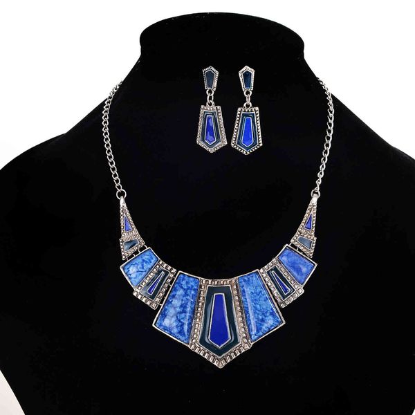 

imitation stone resin plus drip oil necklace with earring set ornaments for wedding party, Silver