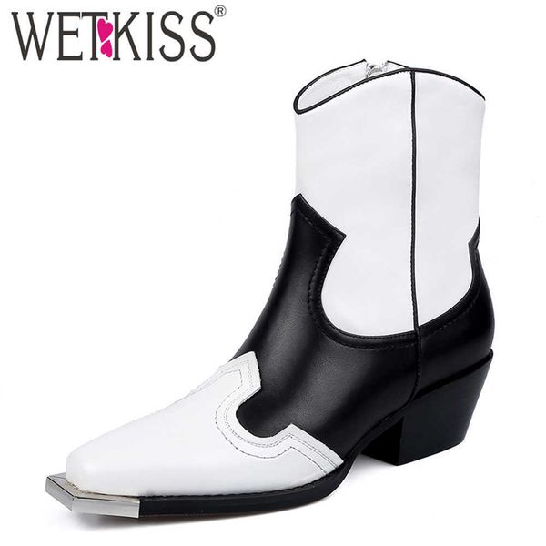 

wetkiss western ankle boots black white mix color shoes woman cuban heel metal toe cowboy booties women western shoes 210630