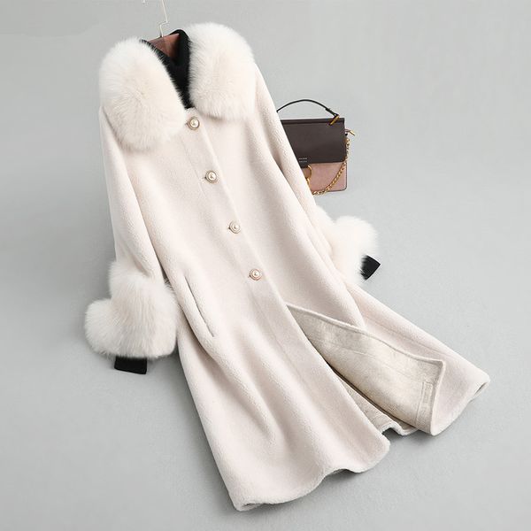 

autumn winter wool coats sheep shearling jackets female warm fox fur collar winter jacket women, Black