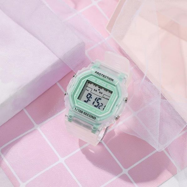 

wristwatches 2021 fashion transparent digital watch square women watches sports waterproof electronic clock drop, Slivery;brown