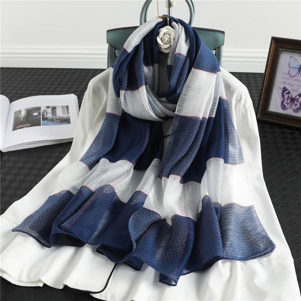 

scarves silk wool scarf for women pashmina shawls foulard female hijab winter spring headband striped wraps bandana 2021, Blue;gray