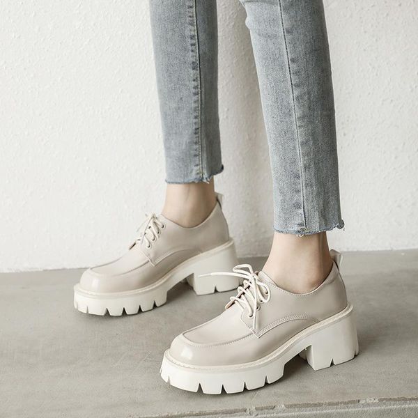 

spring waterproof platform small leather shoes women's square toe lace-up single british dress, Black