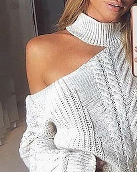 

women's sweaters 2021 autumn women knitted sweater pullovers one shoulder casual elegant high neck knit long sleeve top, White;black
