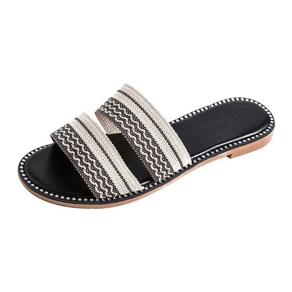 

slippers women's ladies elegant crystal mixed color shoes woman sippers flat-bottomed heel stretch fabric strap sandals roman, Black
