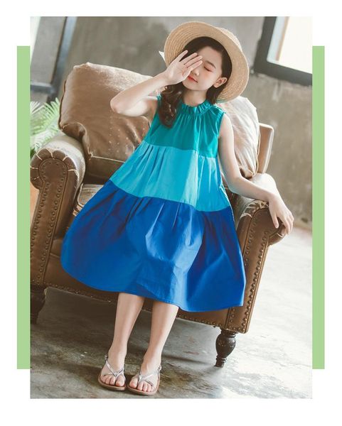 

girls dresses sleeveless children girl casual style dress teenage clothes 8 10 12 year bump color patchwork girl's, Red;yellow