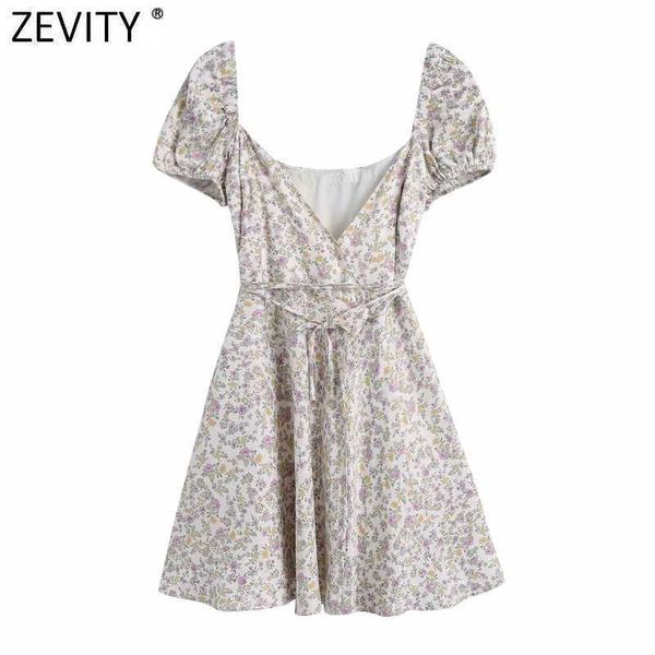 

zevity women fashion v neck floral print soft satin mini dress chic female puff sleeve slim vestidos lace up party dress ds8289 210603, Black;gray
